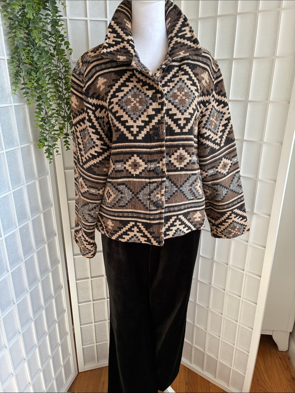Chico's Brown Black Cream Aztec-Patterned Boxy Cut Cotton Twill Jacket Like New